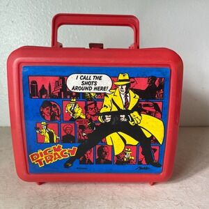 Vintage Disney DICK‎ TRACY Movie 80's 90's Plastic Aladdin Red Lunchbox Thermos